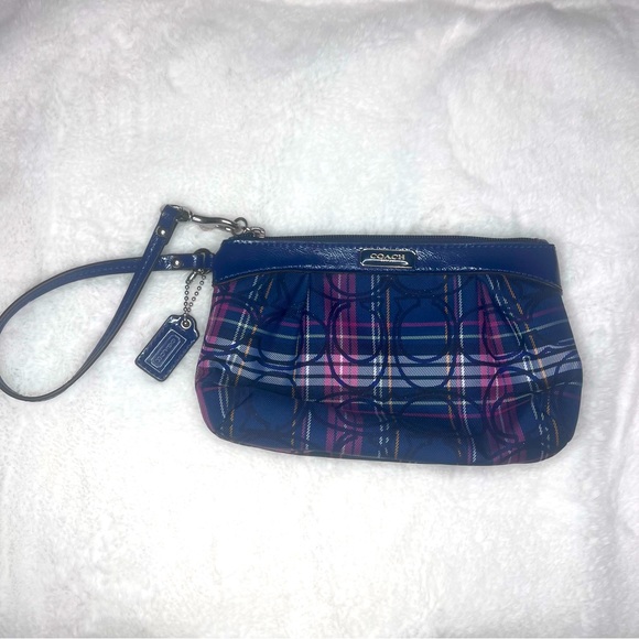 Coach Handbags - LIKE NEW COACH Blue And Pink Plaid And Leather Wristlet/Pouchette